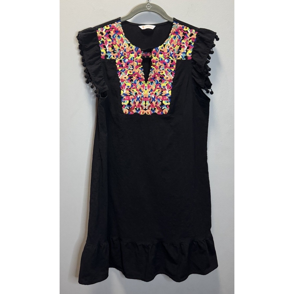 Kirundo Dress Black Women's Large Boho Embroidered Pom Pom Flutter Sleeve